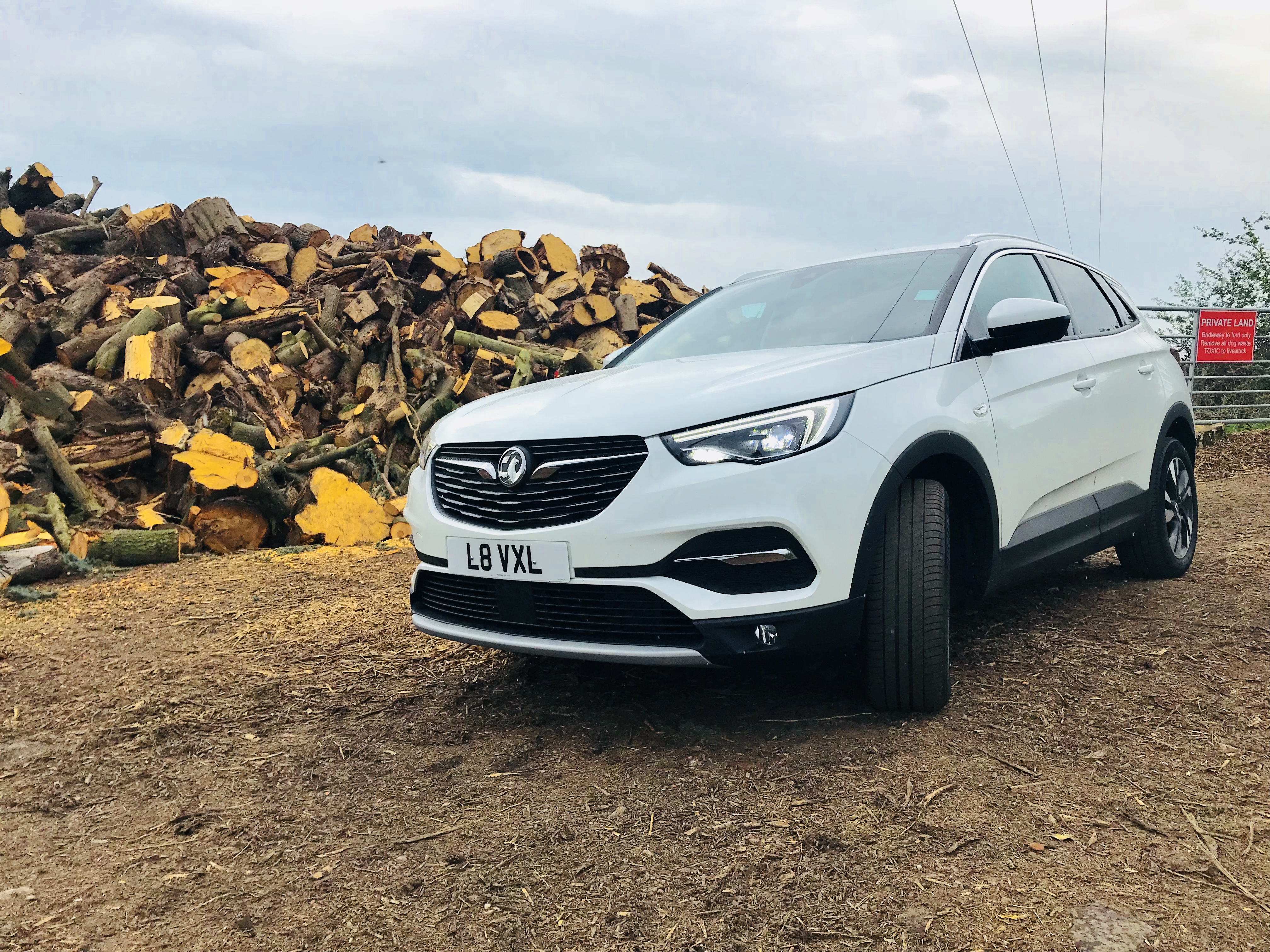 Vauxhall Grandland X, 4x4, SUV, Car in field, Car in front of Logs, New car