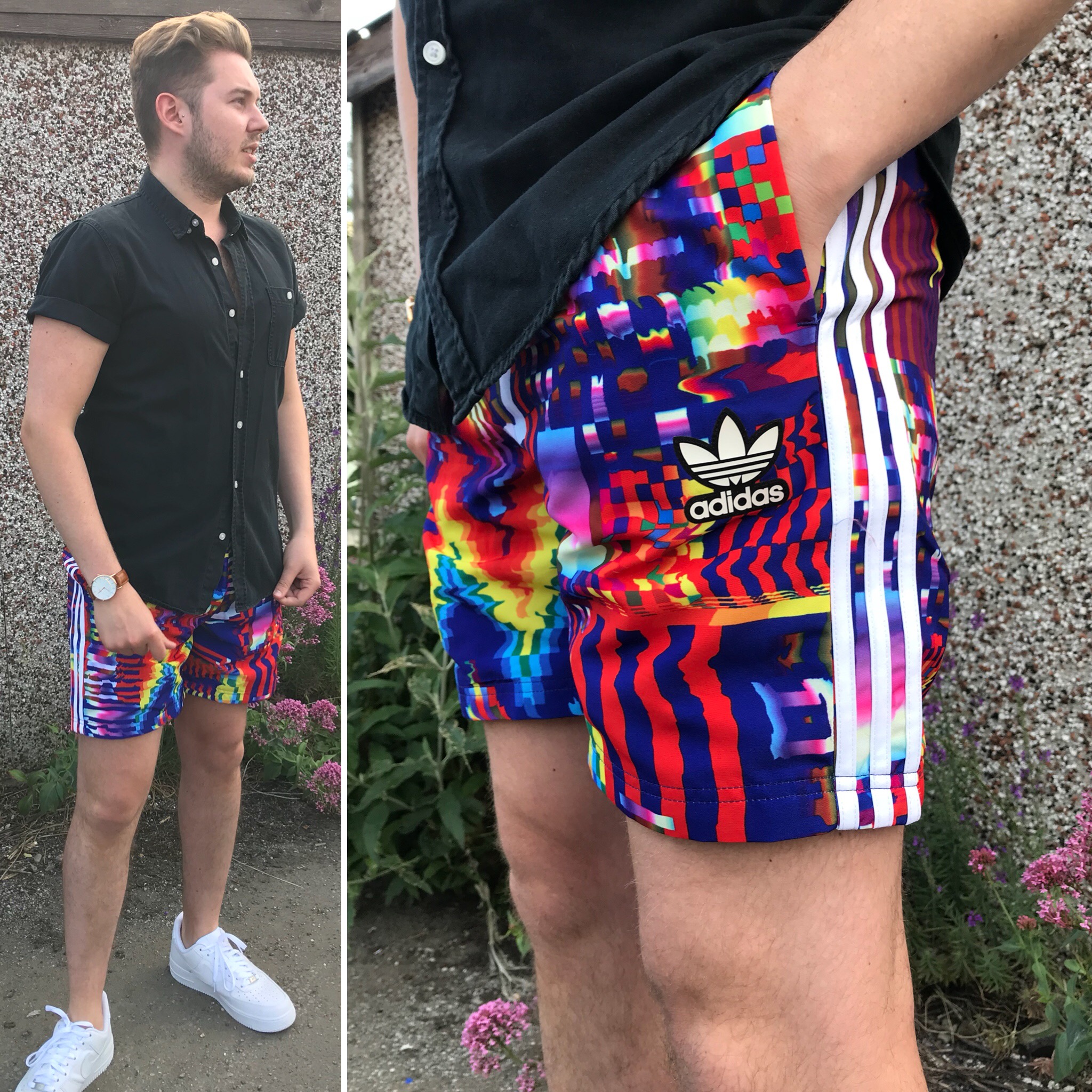 Eighties adidas shorts, bright coloured shorts, man wearing shorts, swim shorts, 80s style, intu Derby, intu Derby shopping centre, intu