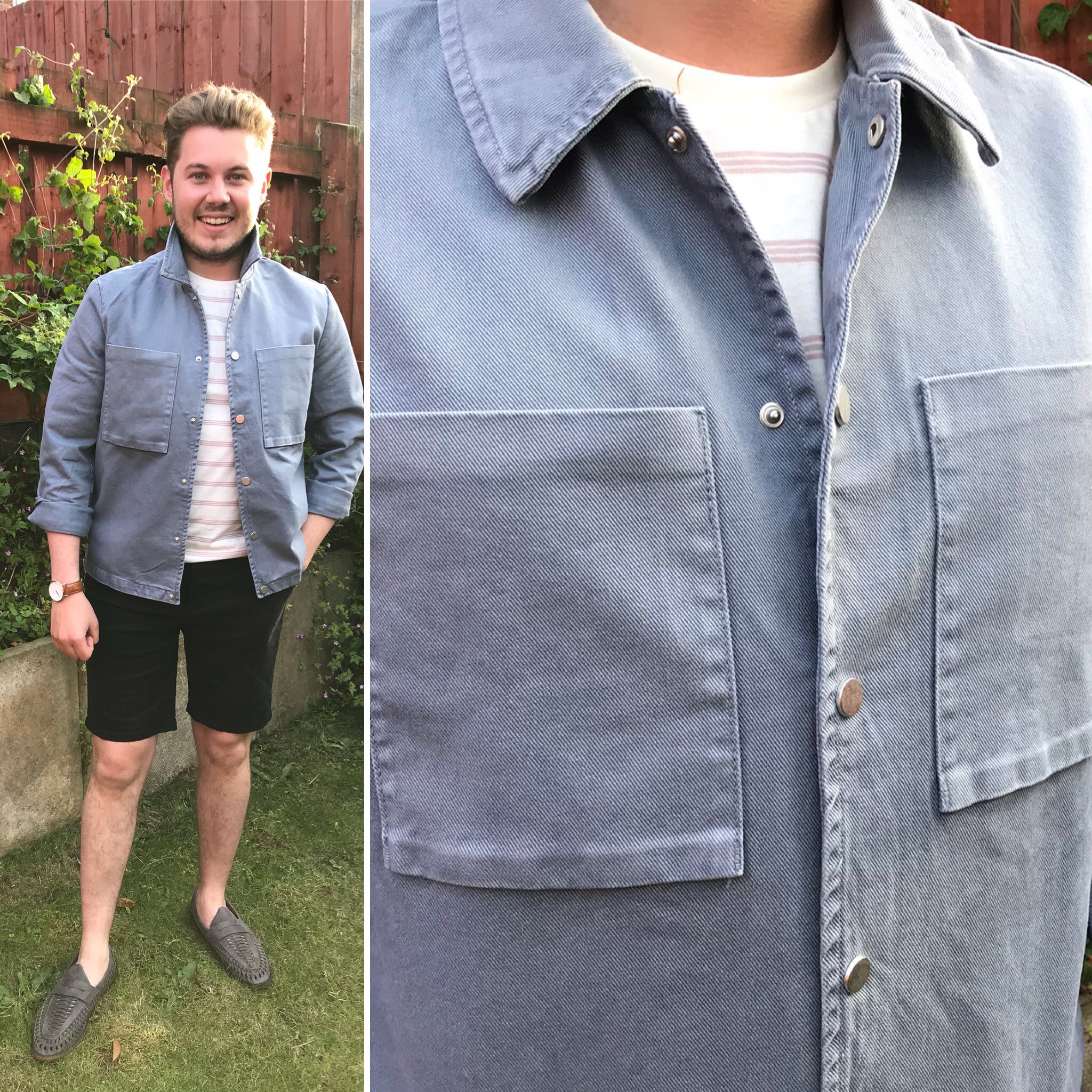 Man in blue shirt, Denim jacket, Guy stood in the garden Men's style, Black shorts, intu Derby, intu Derby shopping centre, intu