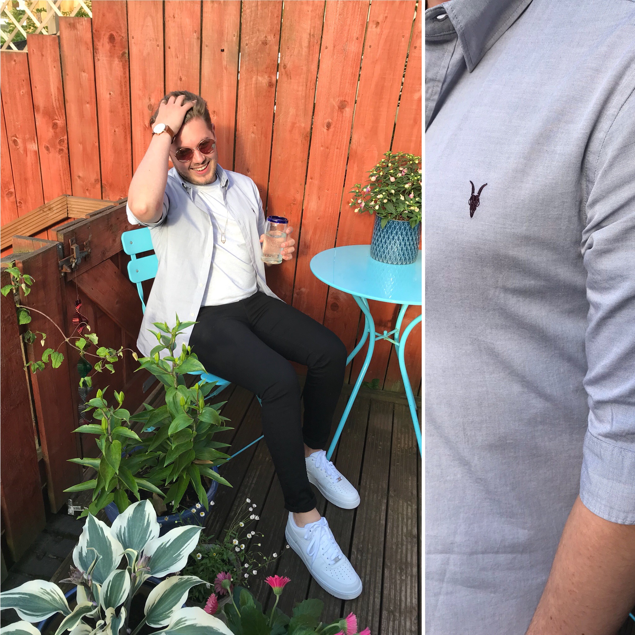 Man in blue shirt, All Saints shirt, Men's style, Black jeans, guy in white trainers, nike trainers style, intu Derby, intu Derby shopping centre, intu